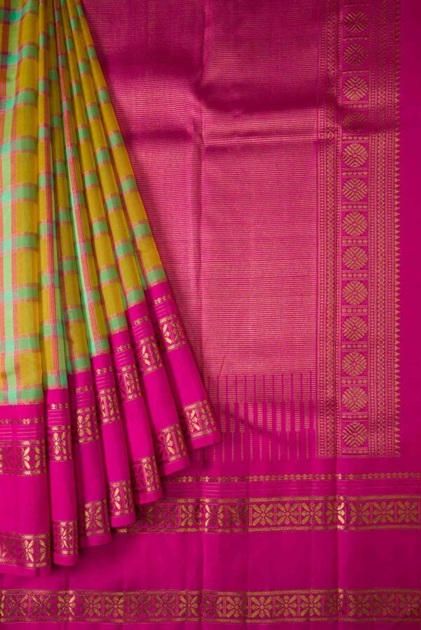Yellow and Sea Green Kanchipuram Silk Saree